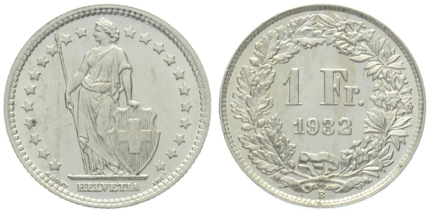 Schweiz 1 Franken 1932 B - fast unzirkuliert/stempelglanz